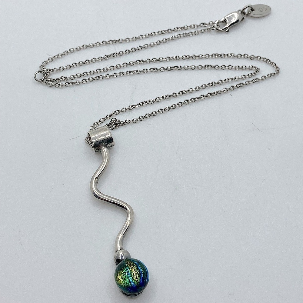 Vtg Sterling Dichroic Glass Modernist Wavy Wave Line Necklace 13” - 15” + 1.7”